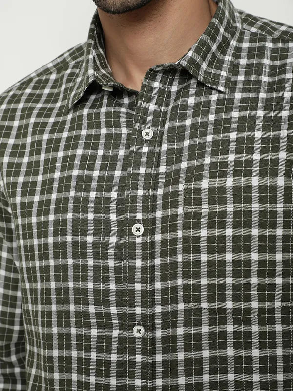 Mettle Men Gingham Checked Spread Collar Long Sleeves Cotton Casual Shirt