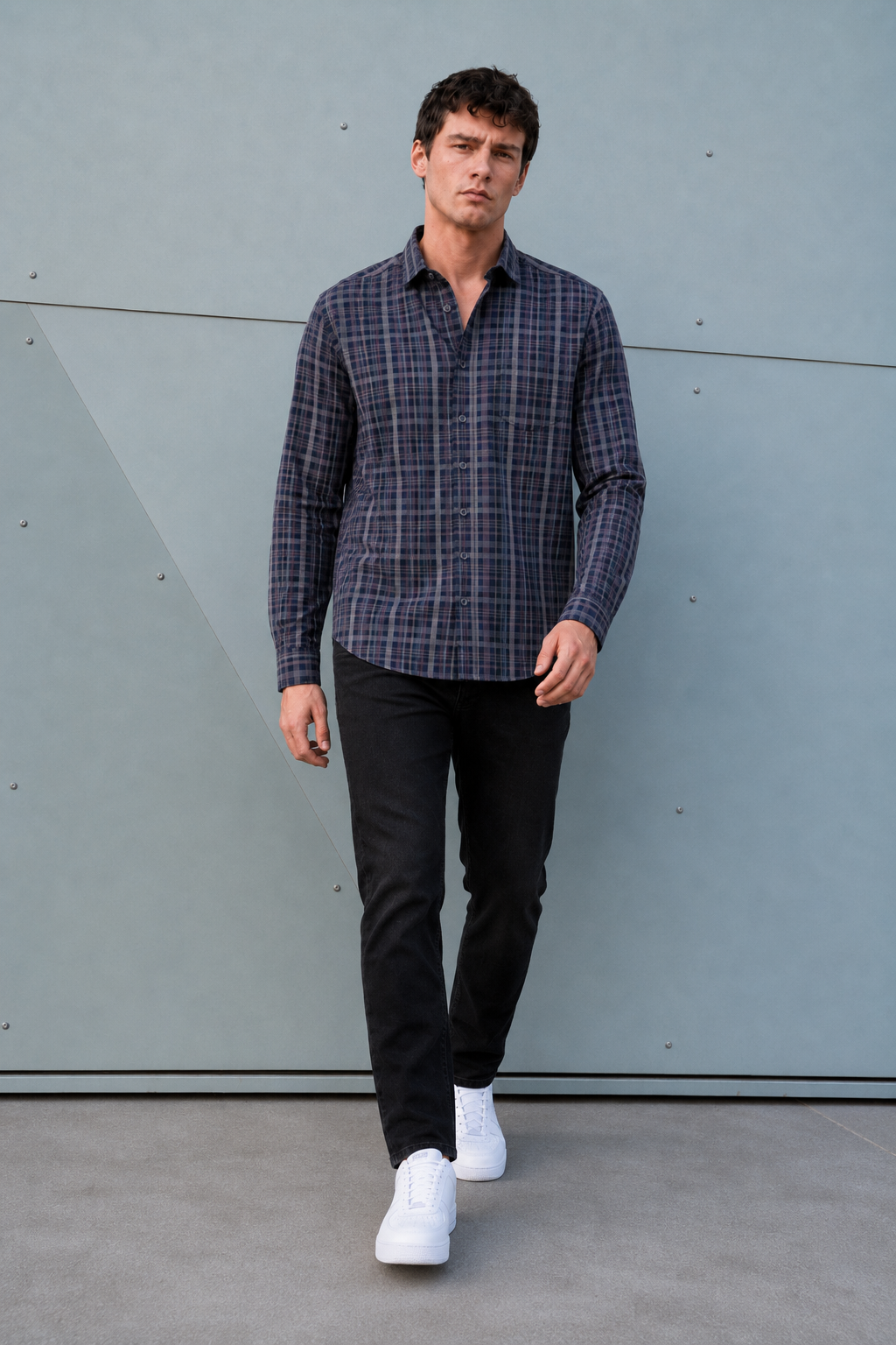Men’s Navy Cotton Melange Check Full Sleeve Shirt | Regular Fit