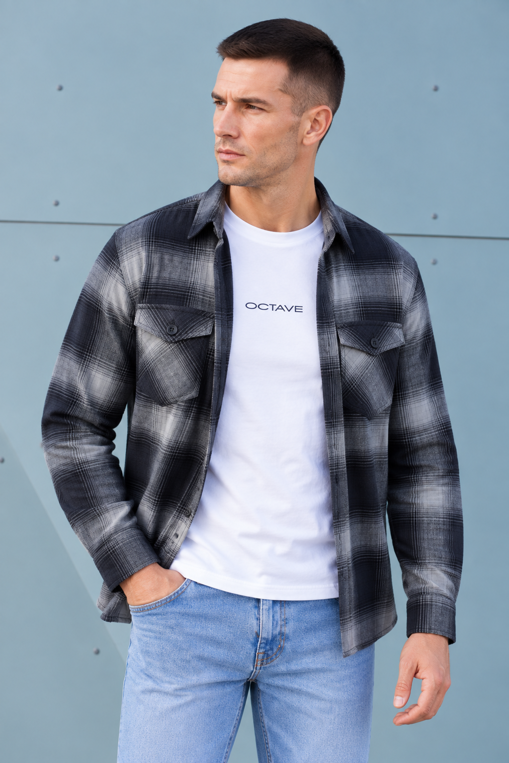 Men’s Navy Twill Check Shirt – Regular Fit Full Sleeve Casual Shirt
