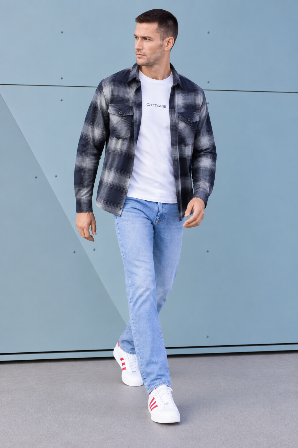 Men’s Navy Twill Check Shirt – Regular Fit Full Sleeve Casual Shirt