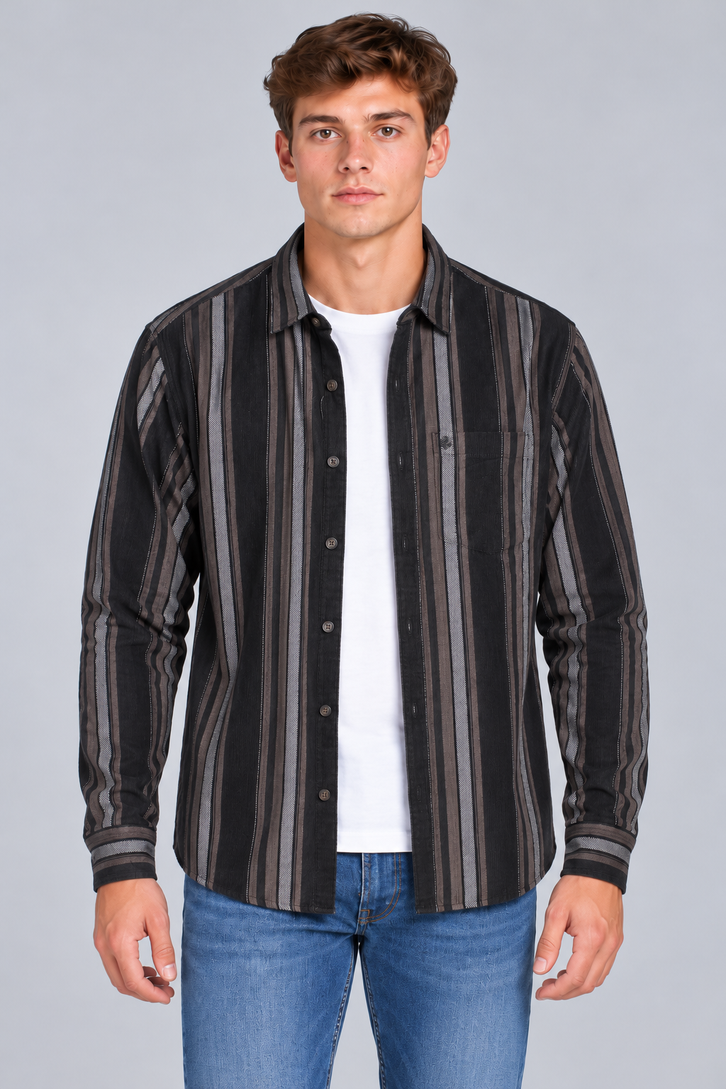 Men's Regular Fit Corduroy Vertical Striped Full Sleeve Shirt with Spread Collar and Chest Pocket – Black