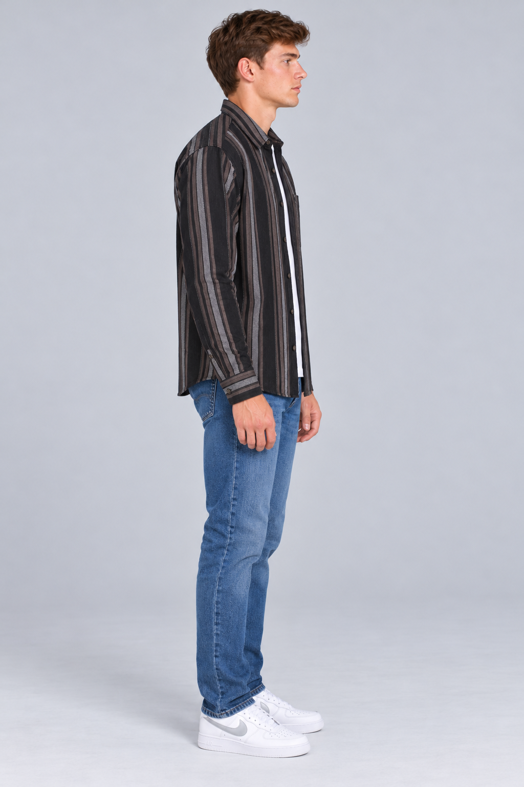 Men's Regular Fit Corduroy Vertical Striped Full Sleeve Shirt with Spread Collar and Chest Pocket – Black
