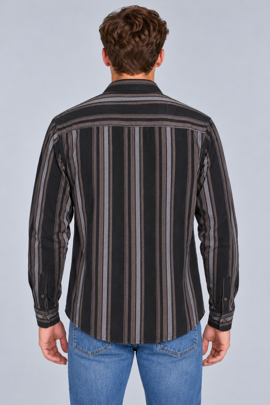 Men's Regular Fit Corduroy Vertical Striped Full Sleeve Shirt with Spread Collar and Chest Pocket – Black