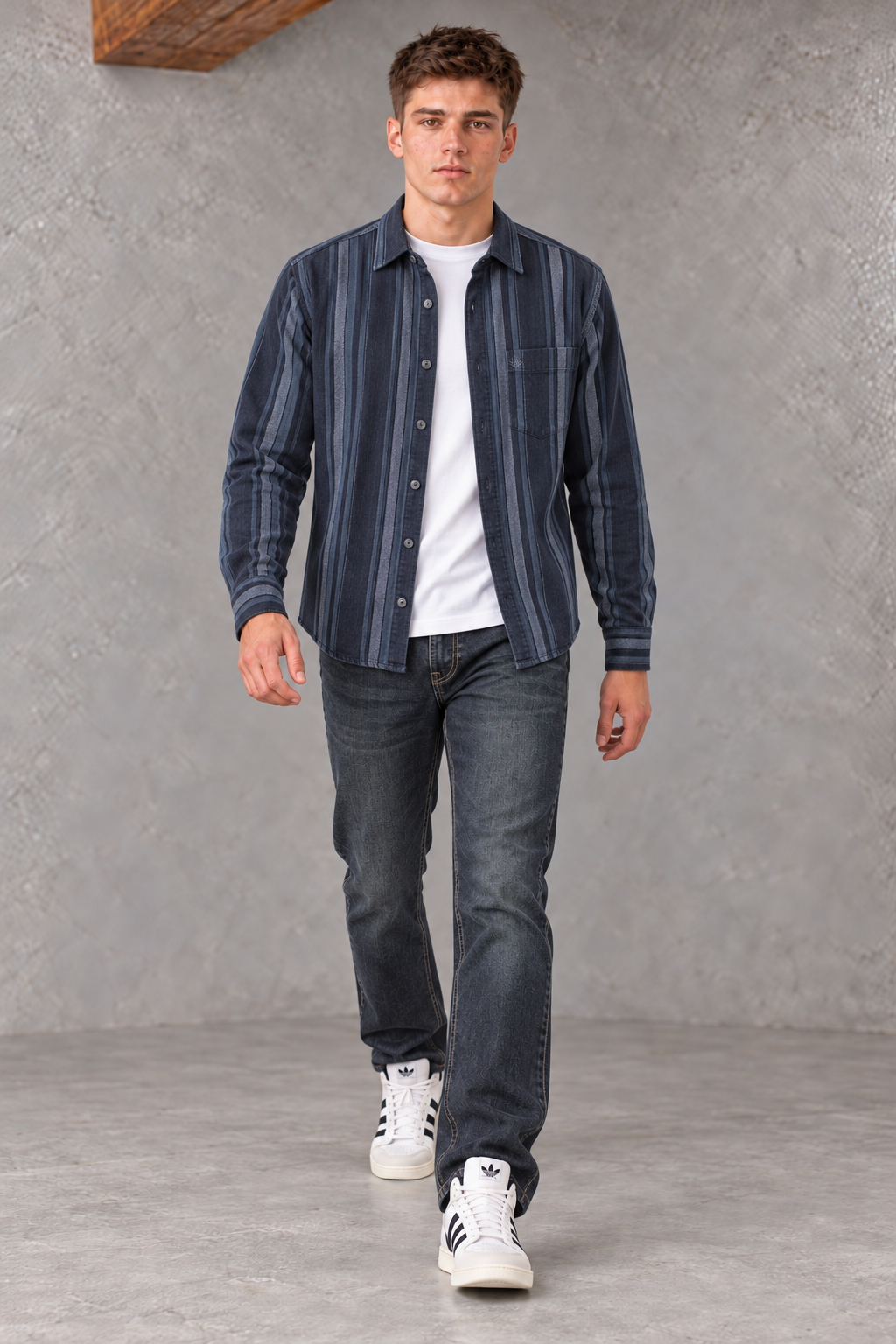 Men's Regular Fit Corduroy Vertical Striped Full Sleeve Shirt with Spread Collar & Chest Pocket – Navy