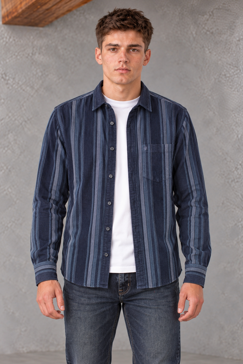 Men's Regular Fit Corduroy Vertical Striped Full Sleeve Shirt with Spread Collar & Chest Pocket – Navy