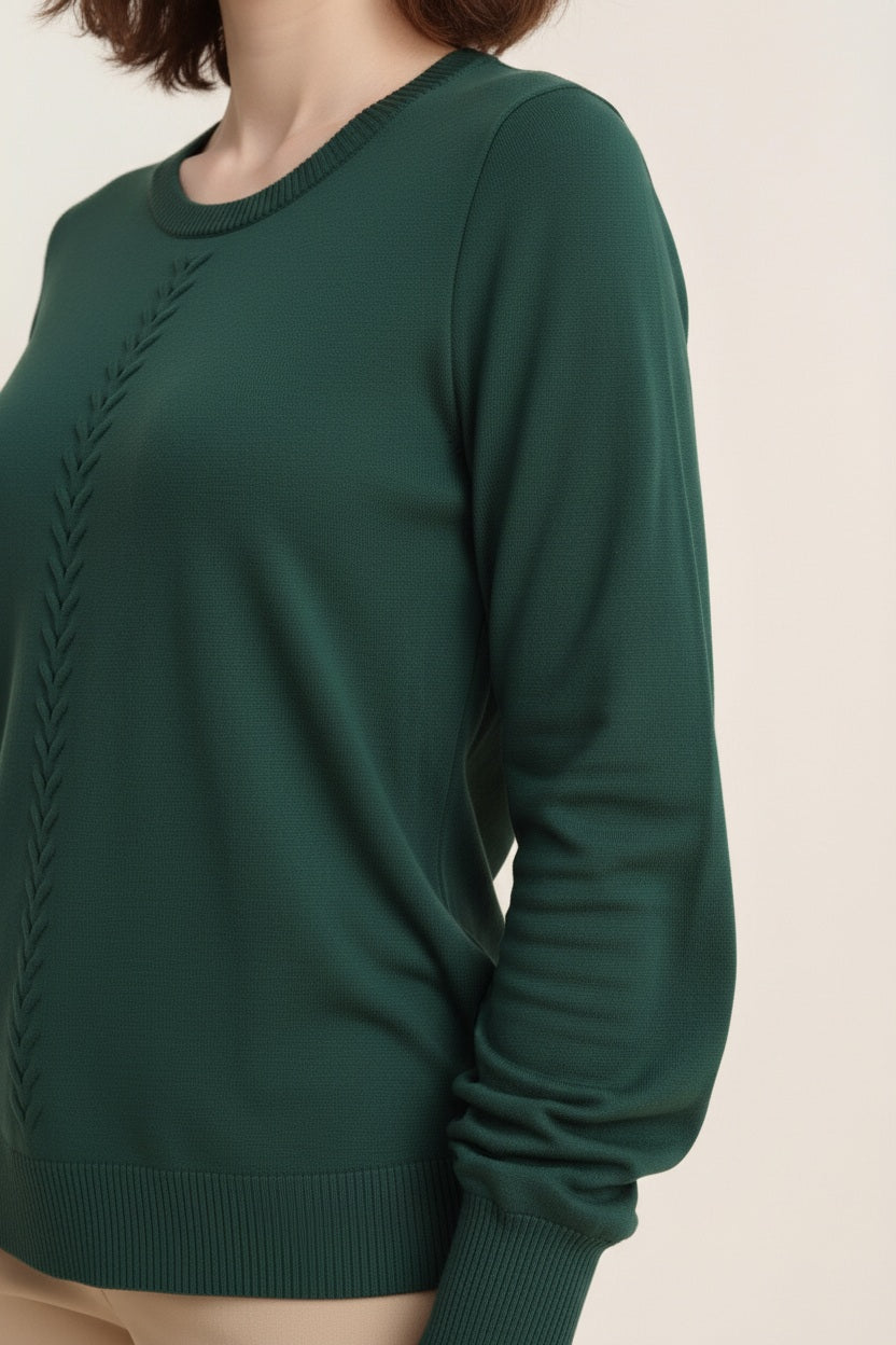 Women Cable Knit Solid Pullover Round Neck Sweater