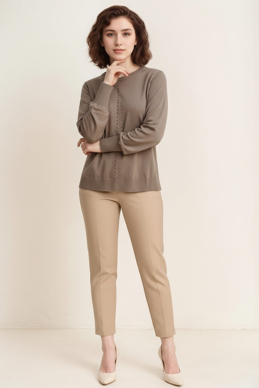 Women Cable Knit Solid Pullover Round Neck Sweater