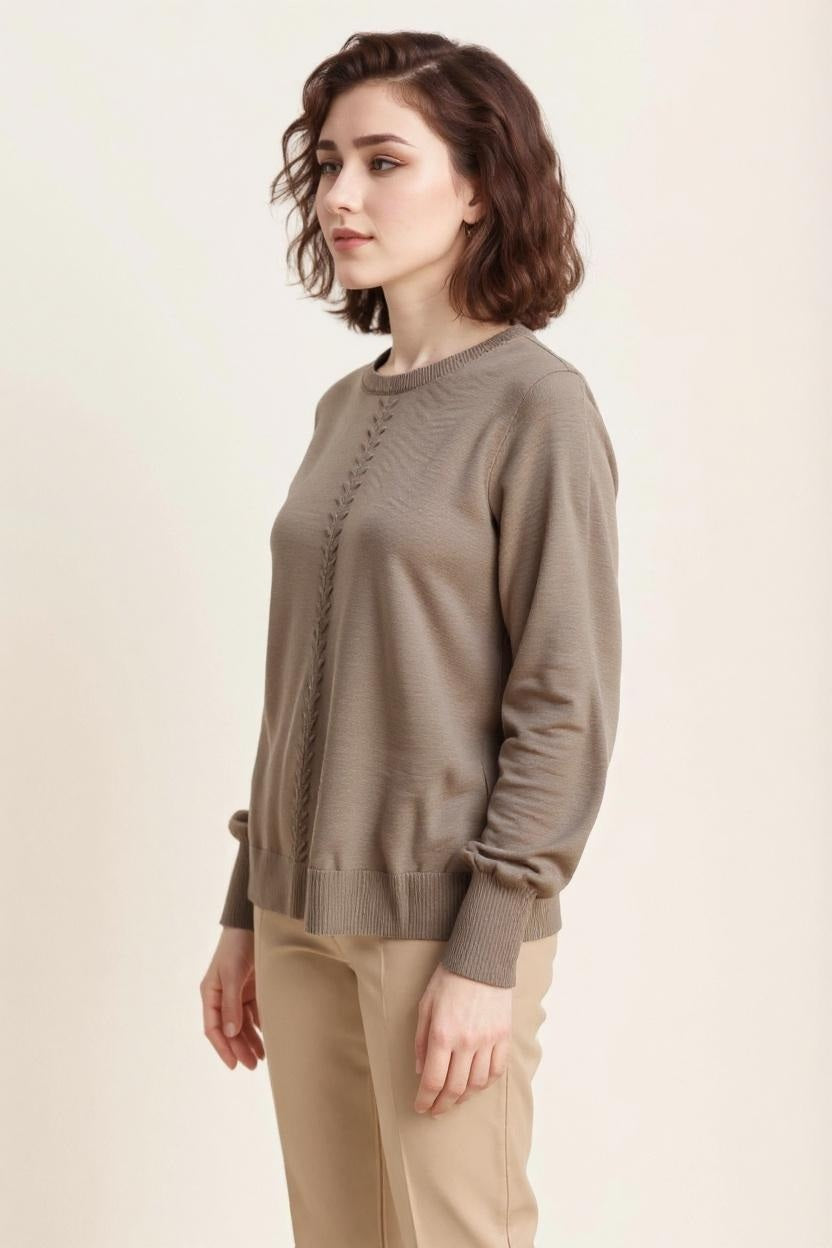 Women Cable Knit Solid Pullover Round Neck Sweater