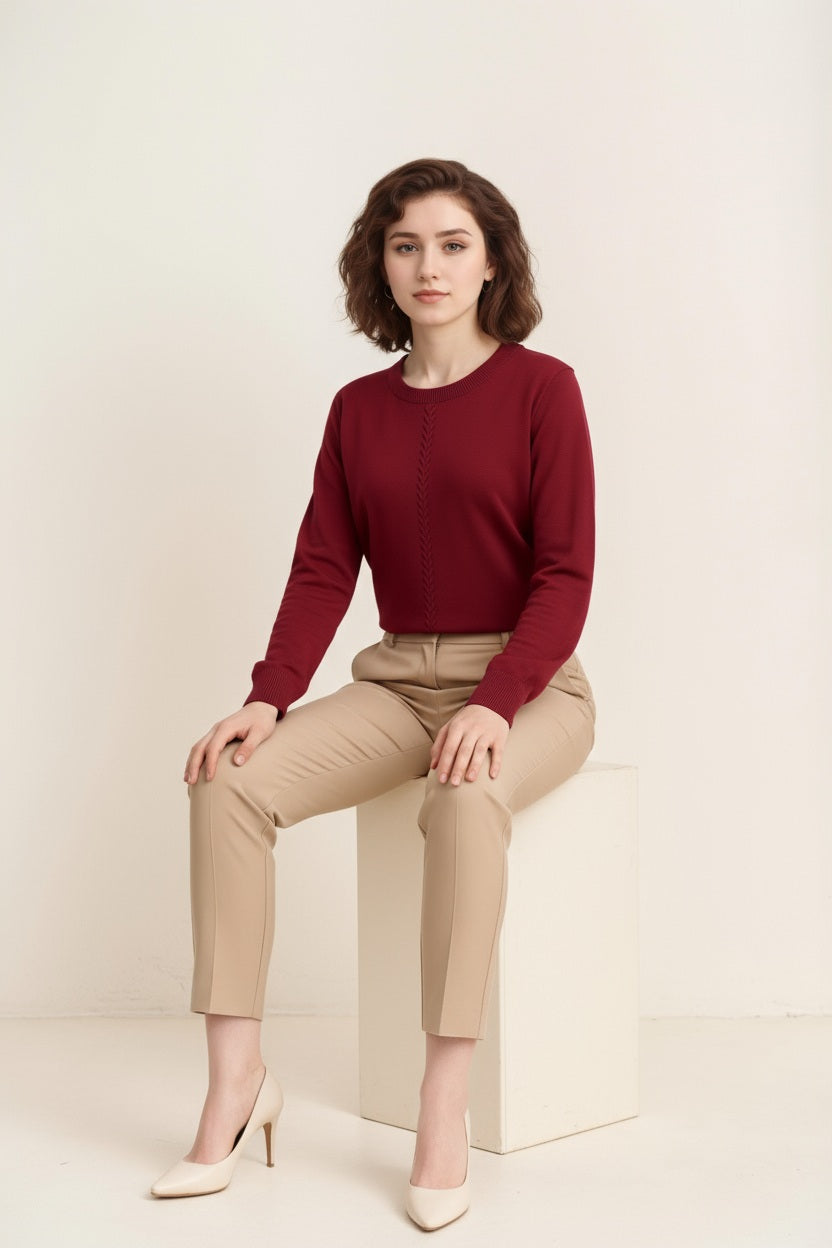 Women Cable Knit Solid Pullover Round Neck Sweater