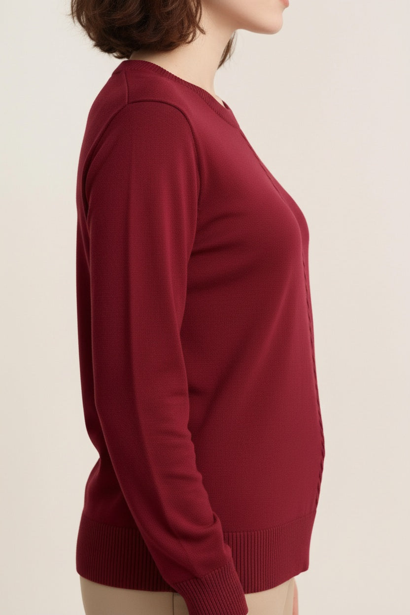 Women Cable Knit Solid Pullover Round Neck Sweater