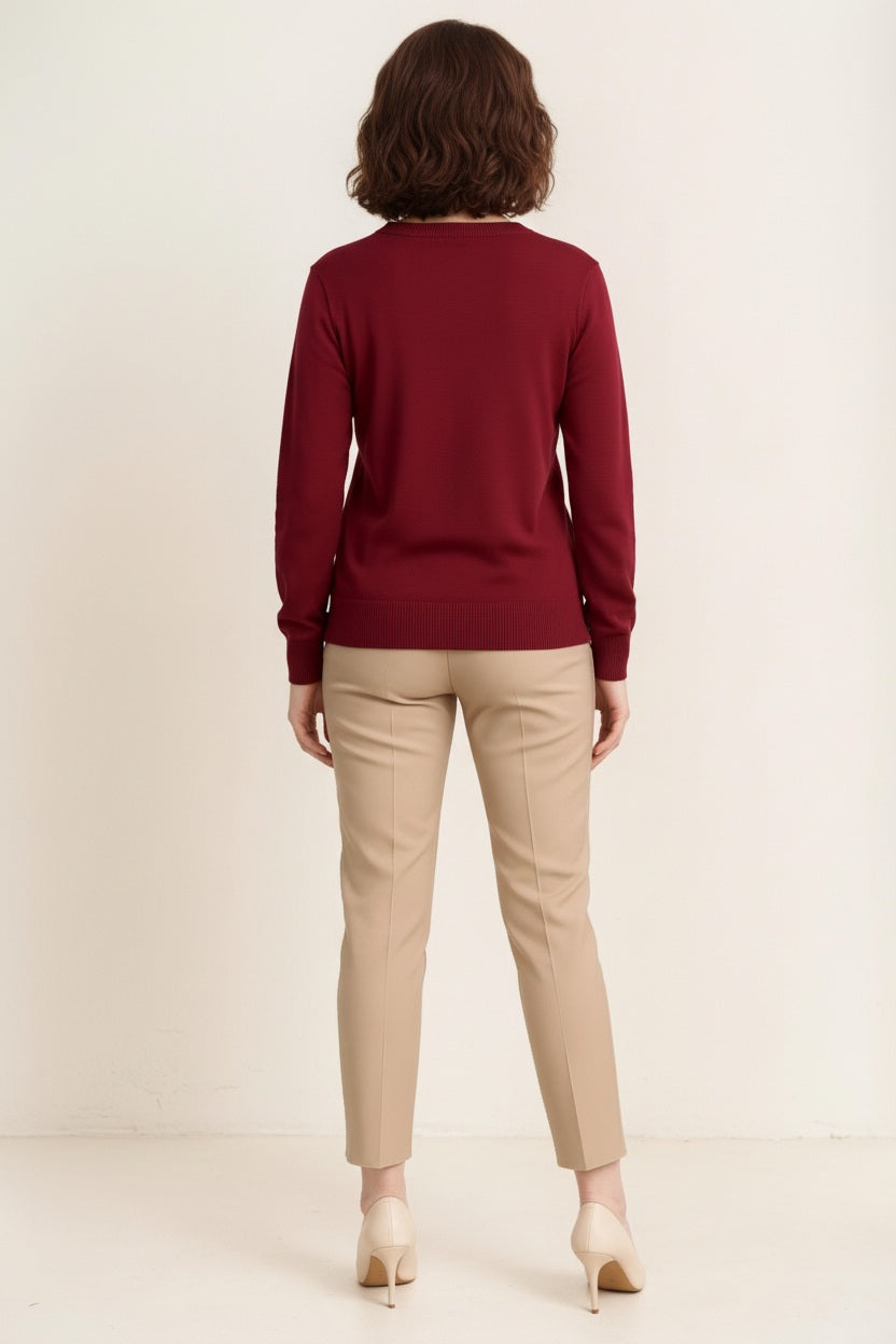 Women Cable Knit Solid Pullover Round Neck Sweater