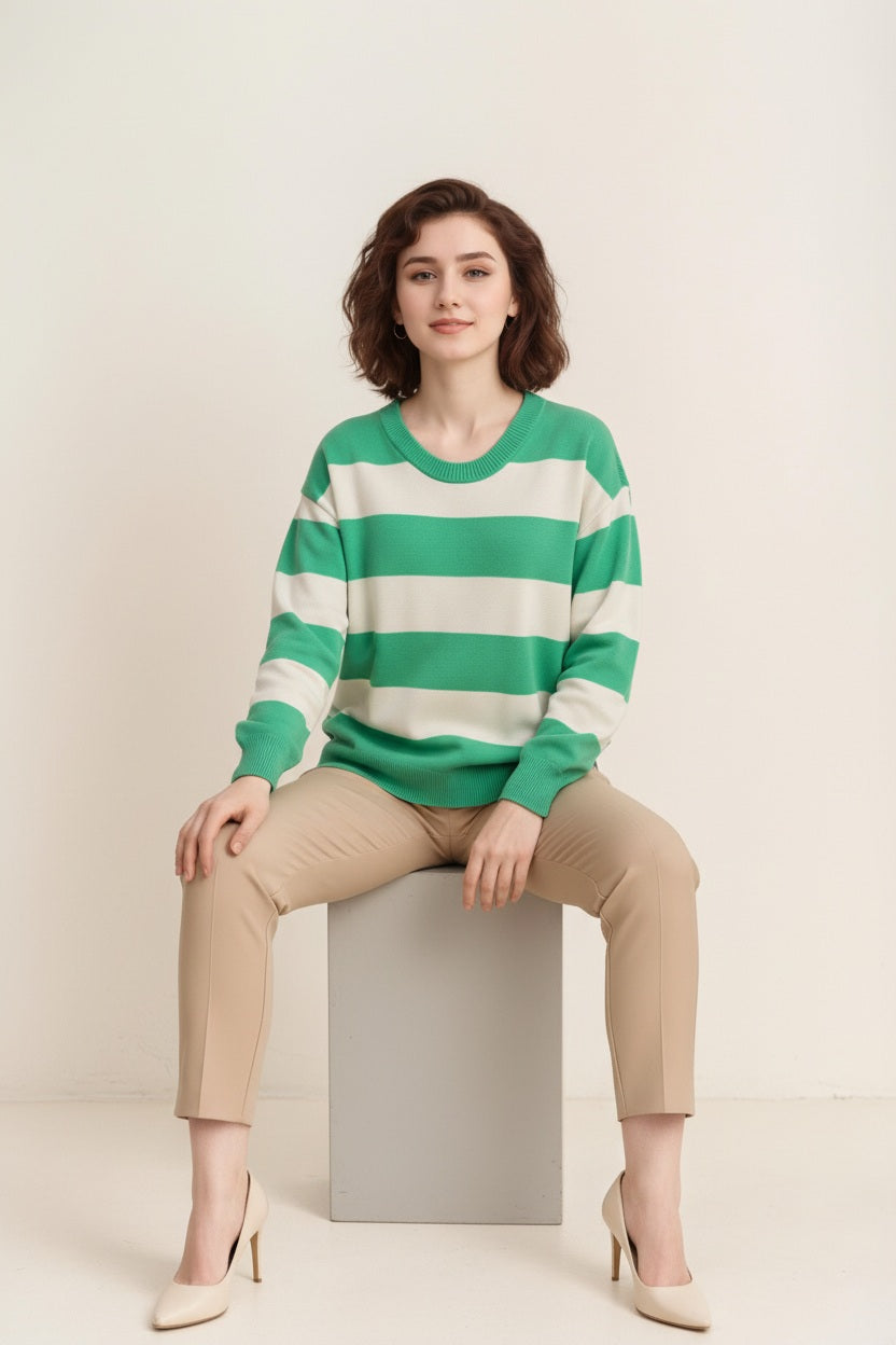 Women Striped Round Neck Pullover Sweater