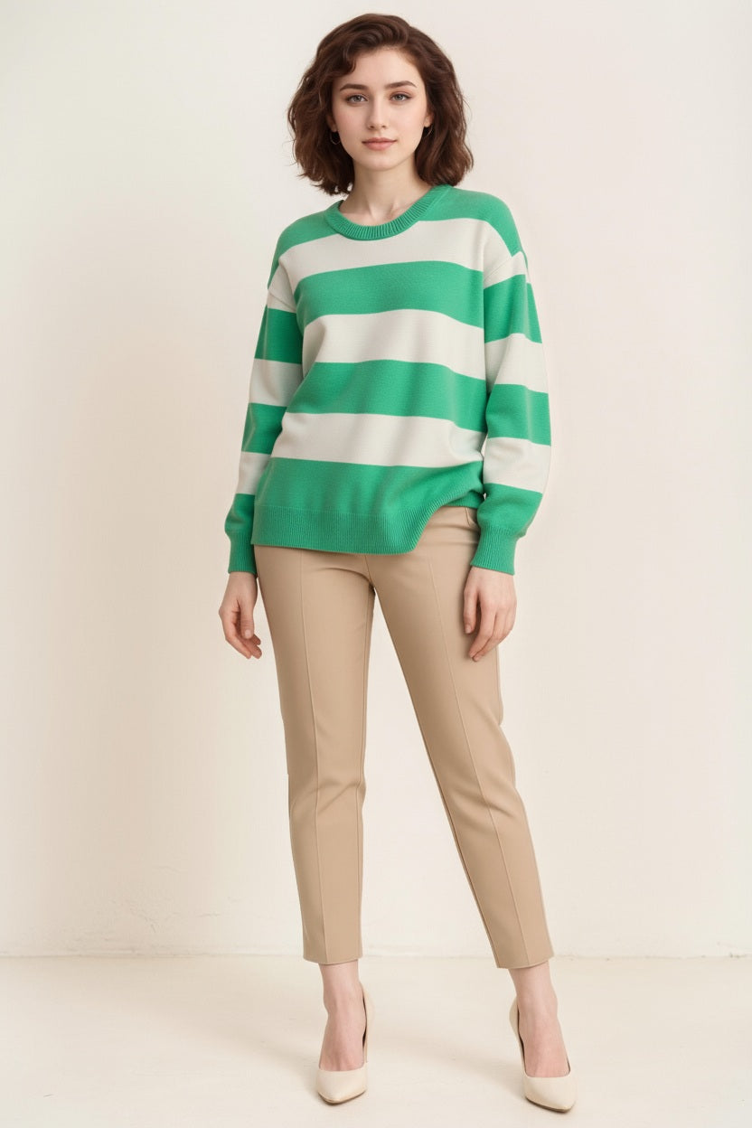 Women Striped Round Neck Pullover Sweater
