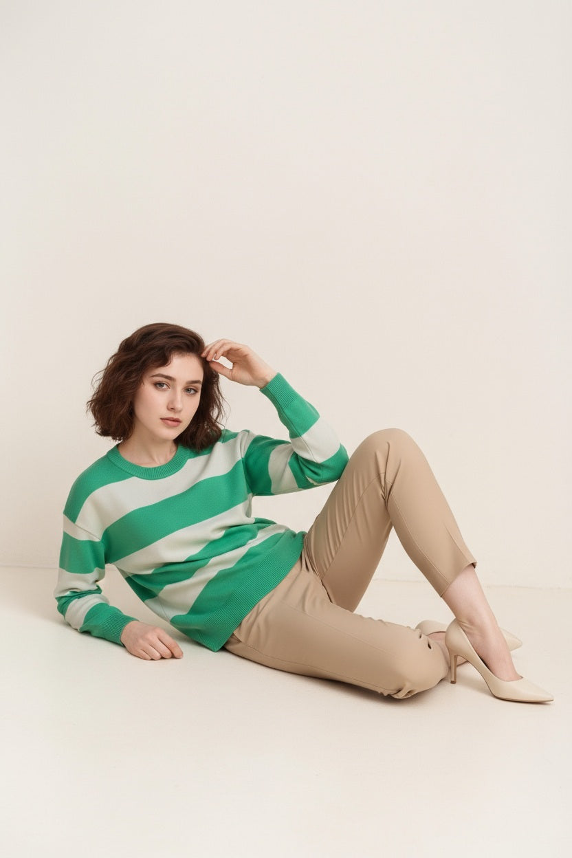 Women Striped Round Neck Pullover Sweater
