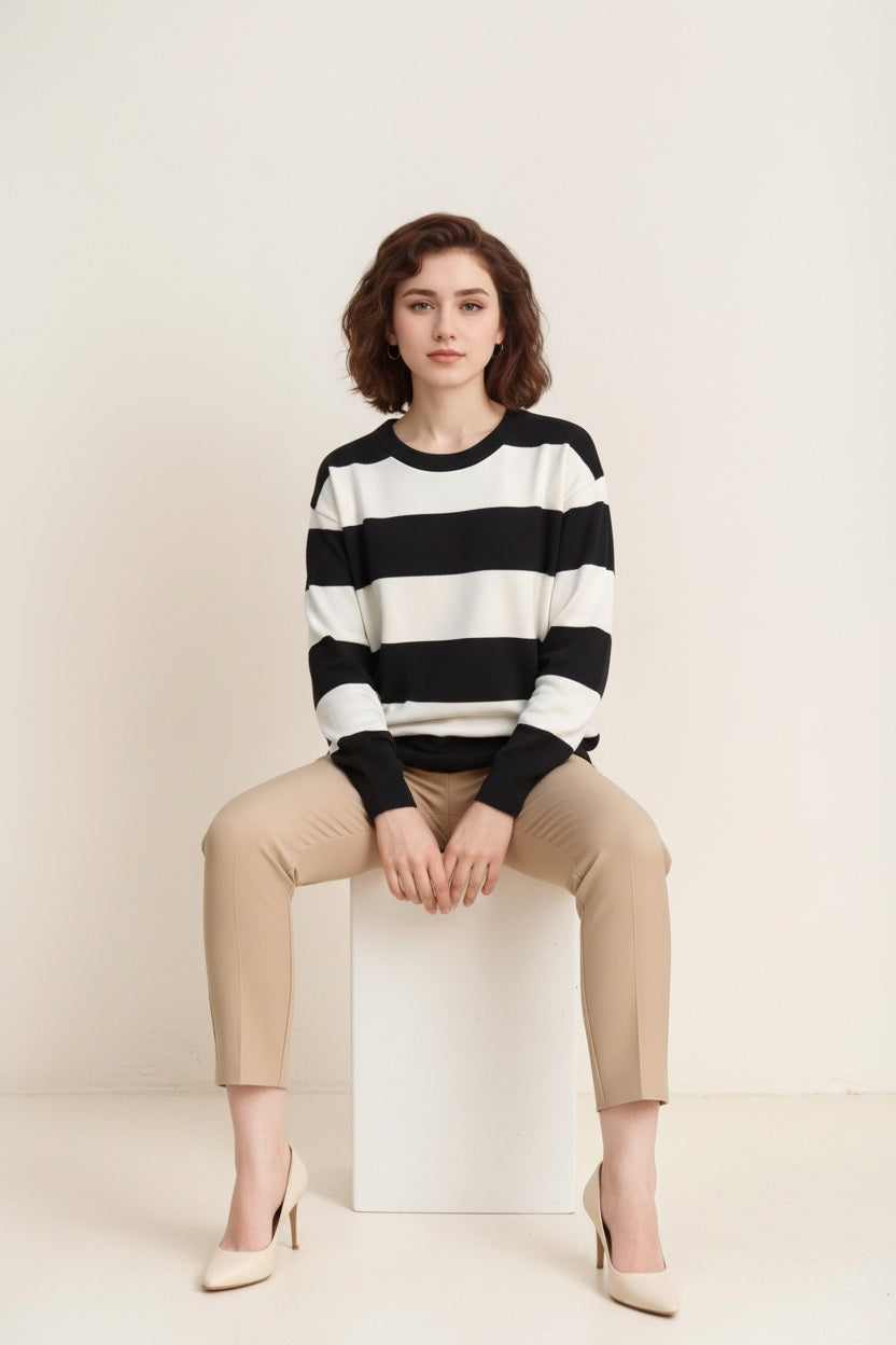Women Striped Round Neck Pullover Sweater