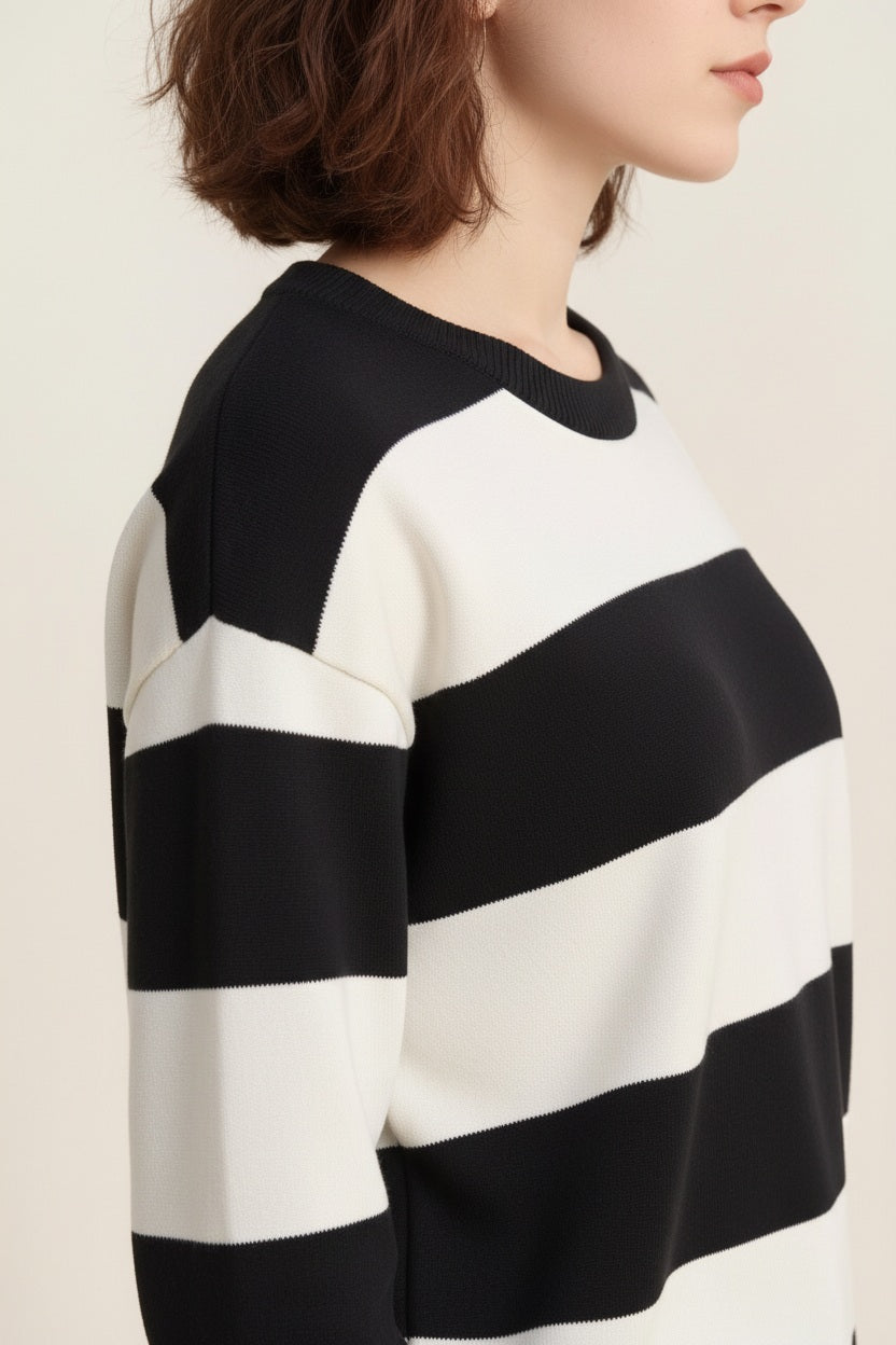 Women Striped Round Neck Pullover Sweater