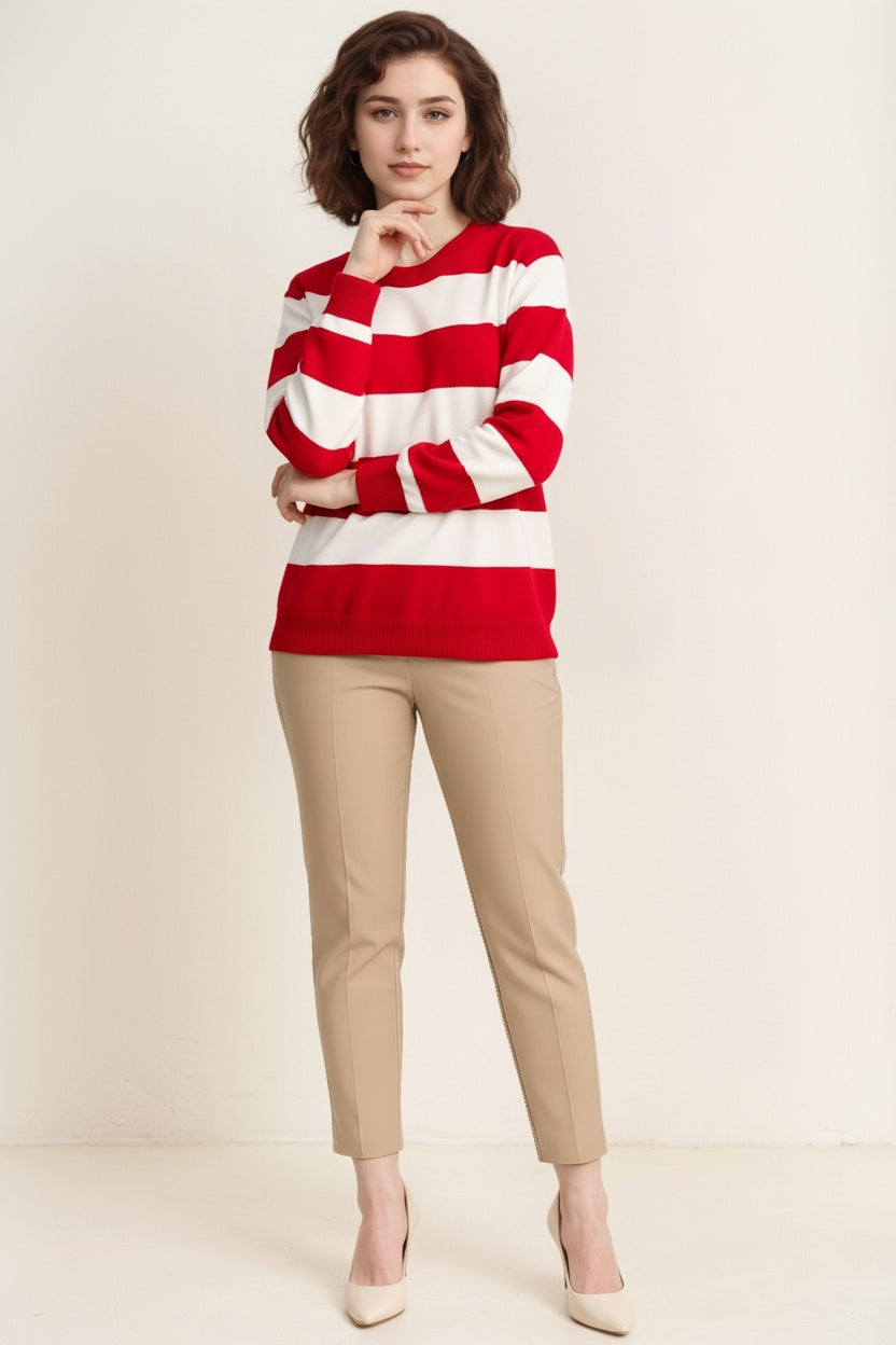 Women Striped Round Neck Pullover Sweater