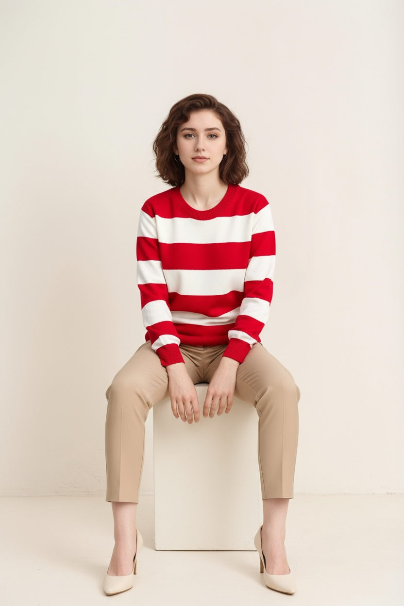 Women Striped Round Neck Pullover Sweater