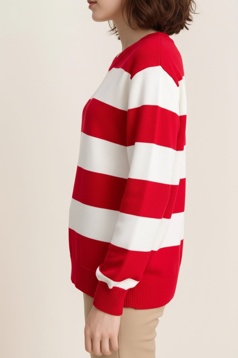 Women Striped Round Neck Pullover Sweater