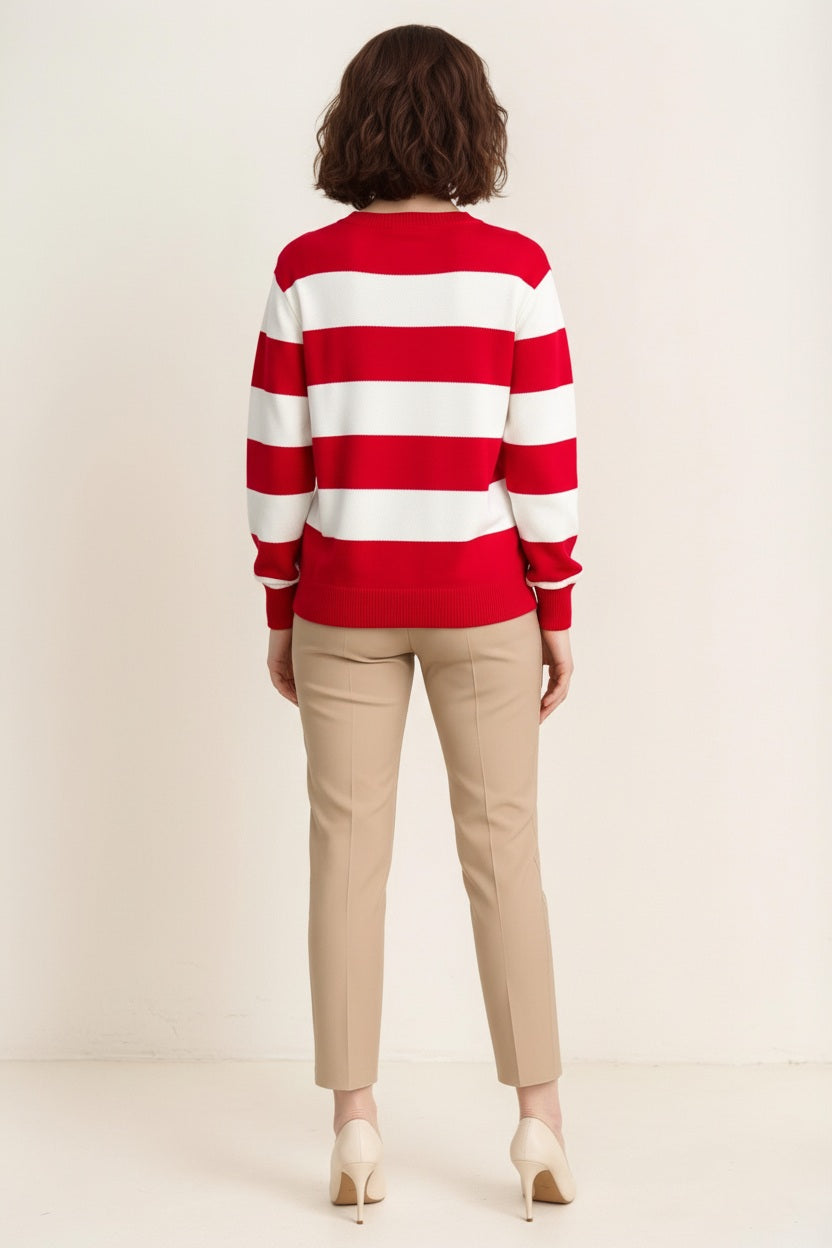 Women Striped Round Neck Pullover Sweater