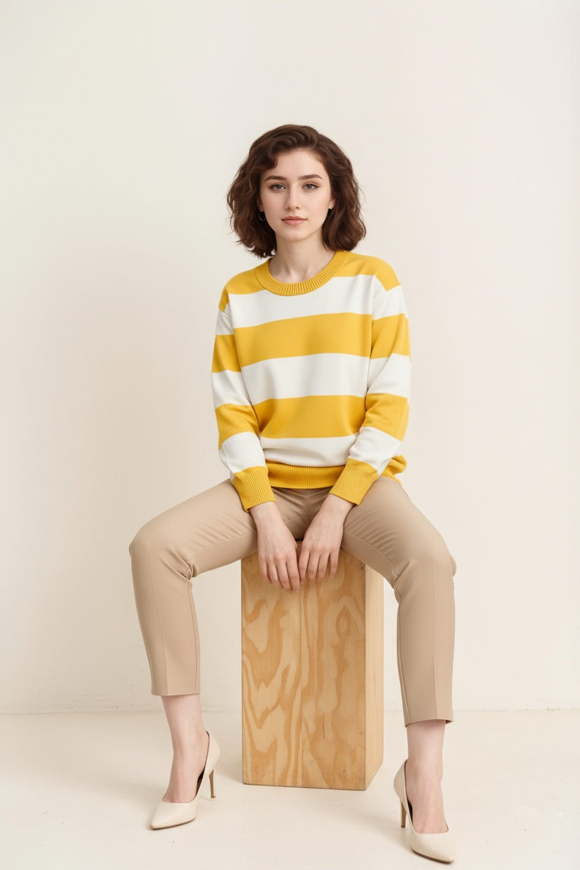 Women Striped Round Neck Pullover Sweater