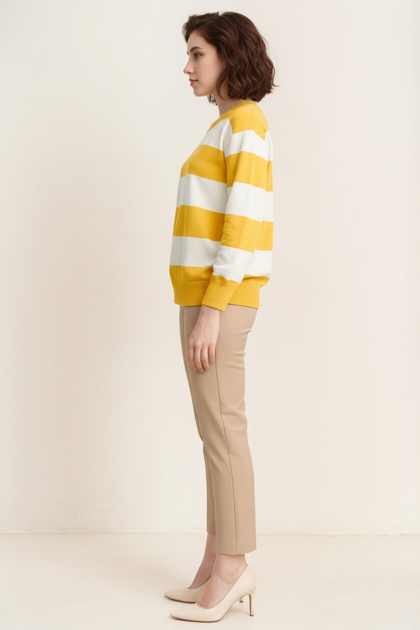 Women Striped Round Neck Pullover Sweater