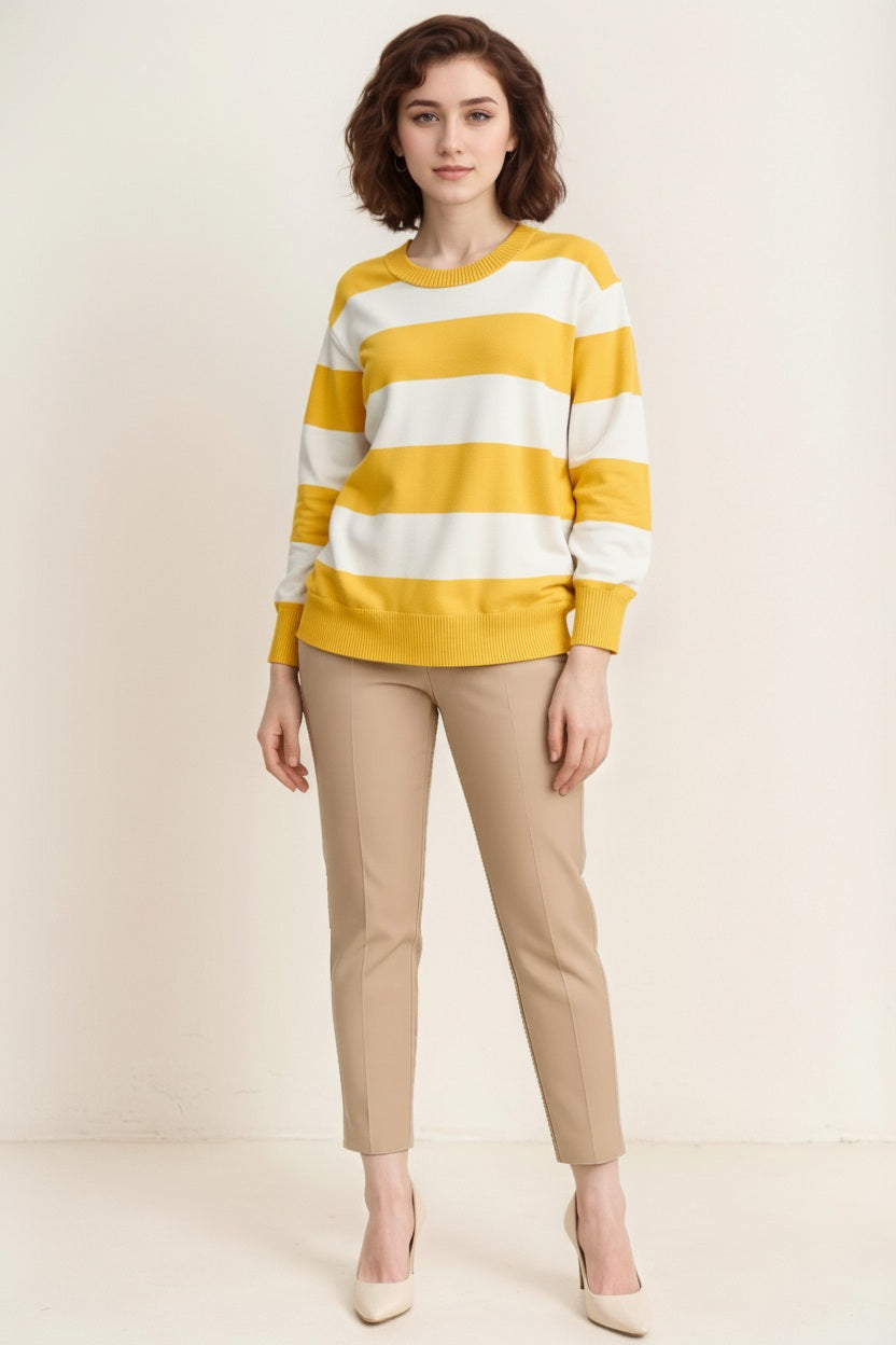 Women Striped Round Neck Pullover Sweater