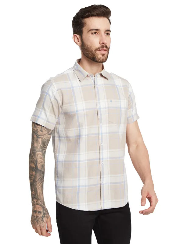 Mettle Checked Spread Collar Curved Cotton Casual Shirt