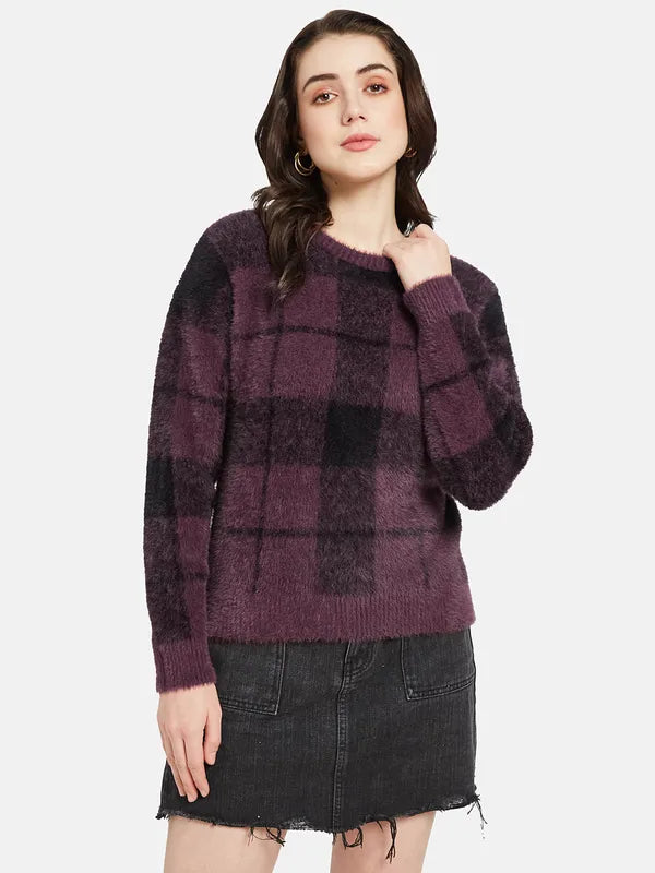 Mettle Women Purple Black Checked Pullover