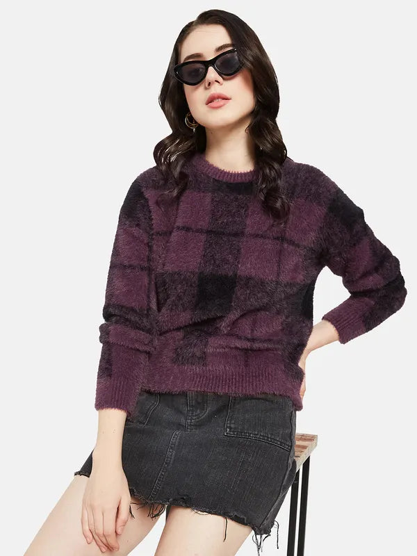Mettle Women Purple Black Checked Pullover