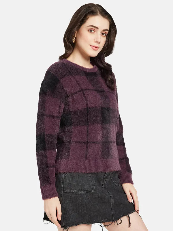 Mettle Women Purple Black Checked Pullover