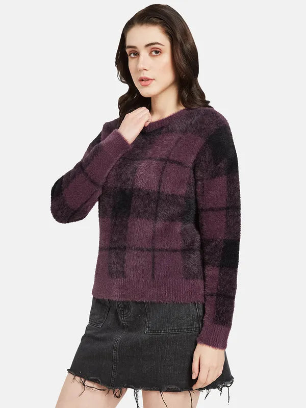 Mettle Women Purple Black Checked Pullover