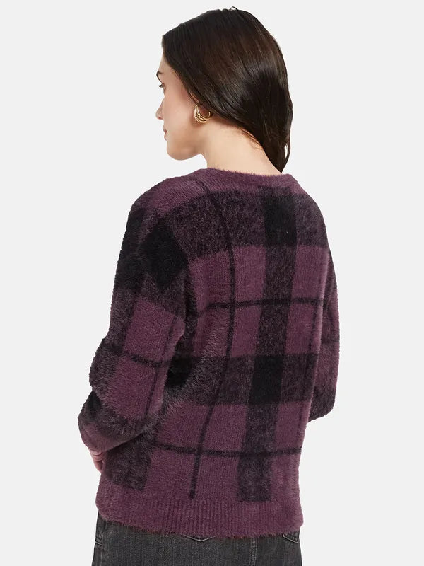 Mettle Women Purple Black Checked Pullover