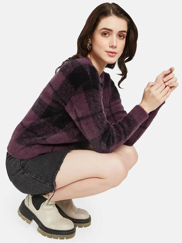 Mettle Women Purple Black Checked Pullover