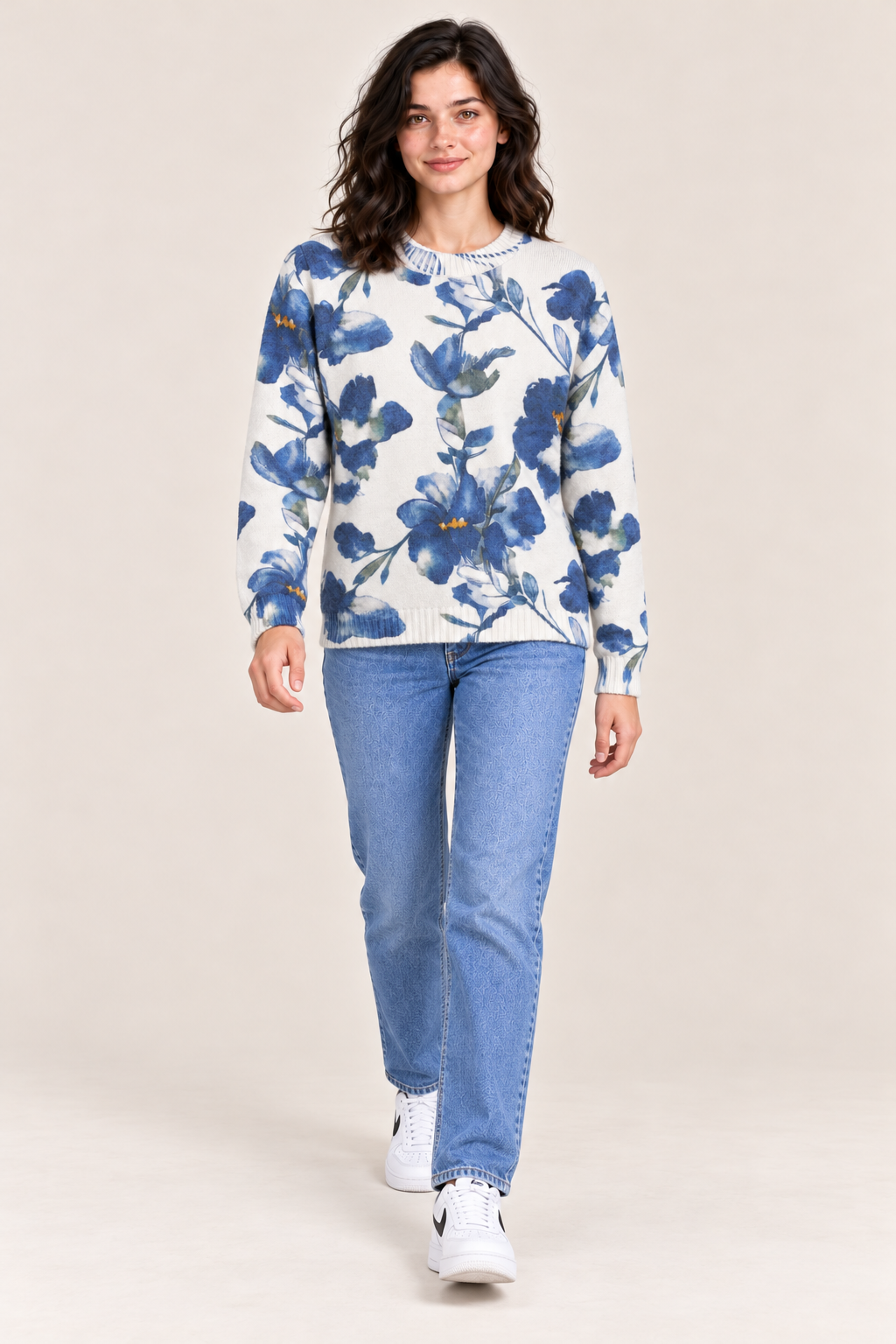 Women's Regular Fit Knitted Wool Crew Neck Sweater with All-Over Floral Leaf Print – Floral Blue