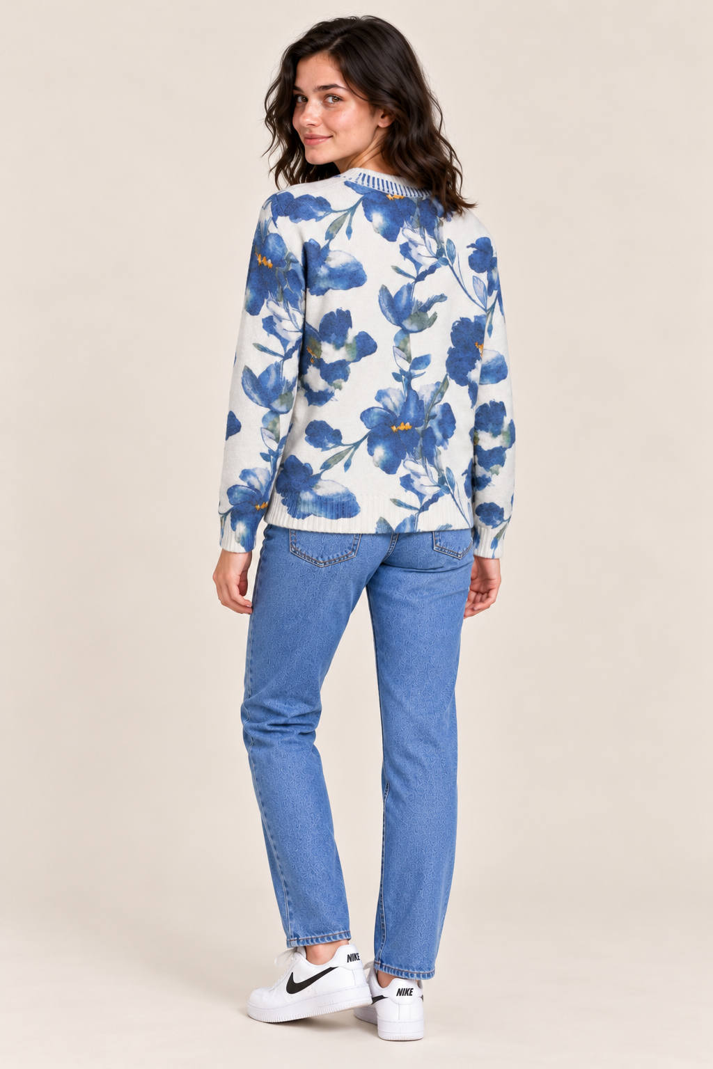 Women's Regular Fit Knitted Wool Crew Neck Sweater with All-Over Floral Leaf Print – Floral Blue