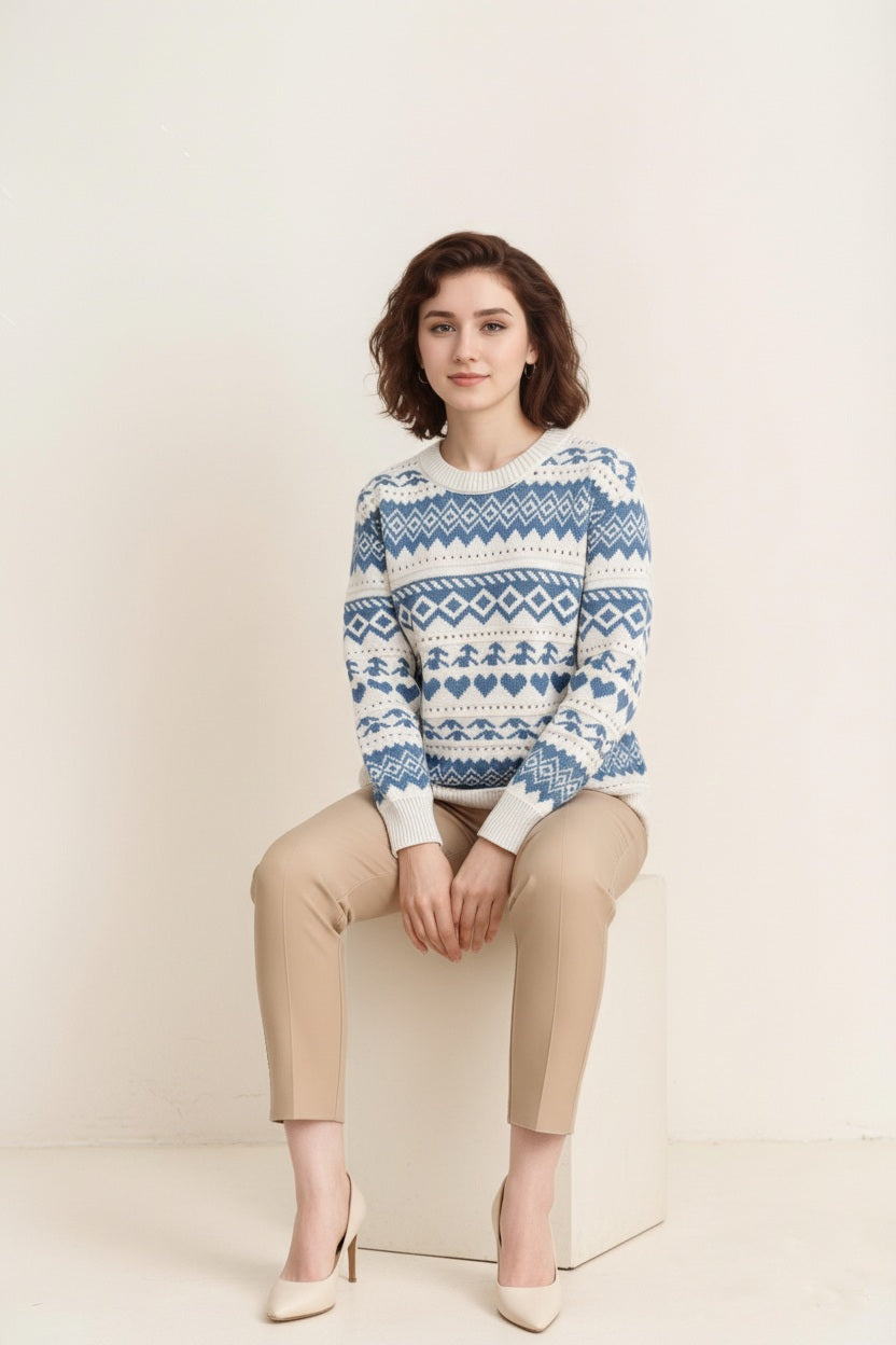 Women Fair Isle Printed Round Neck Pullover Sweater