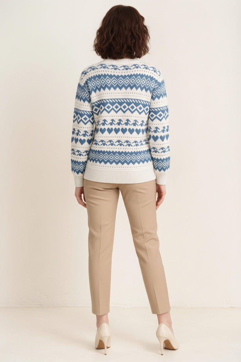 Women Fair Isle Printed Round Neck Pullover Sweater