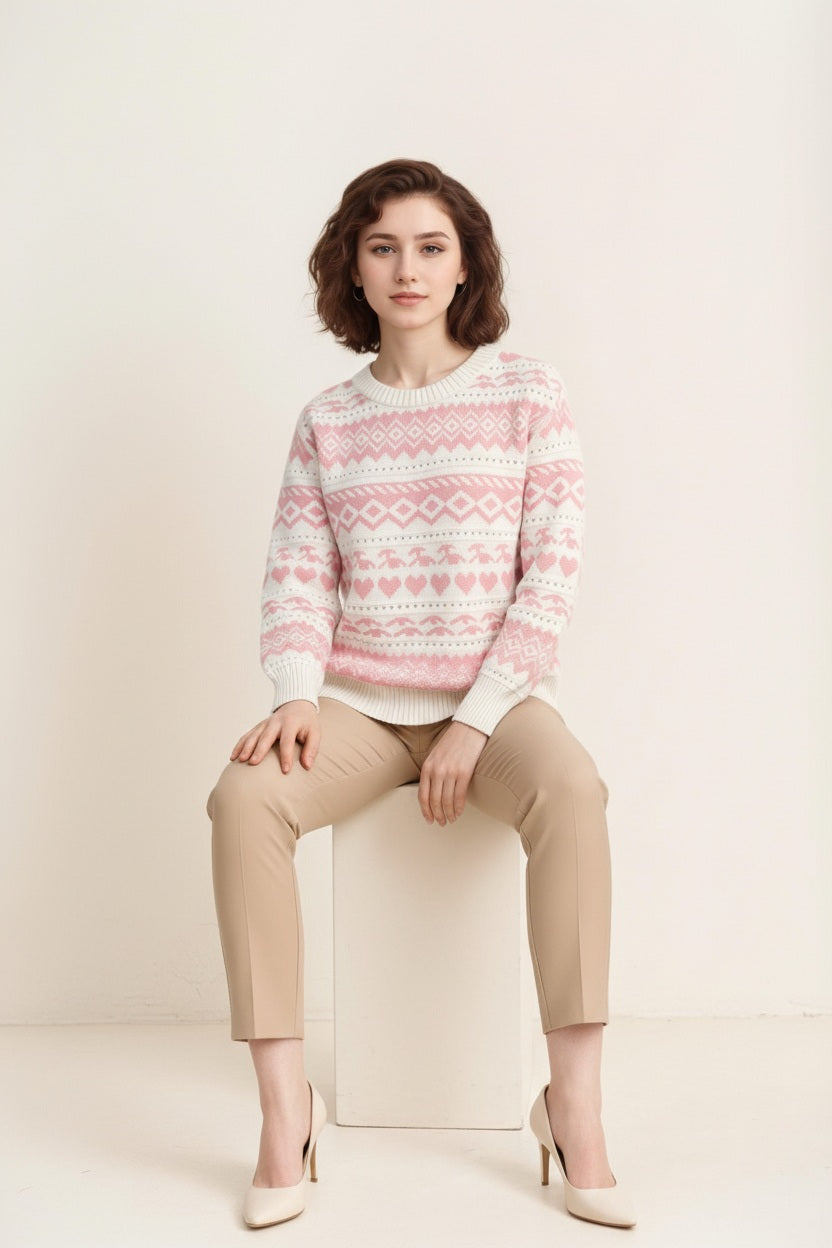 Women Fair Isle Printed Round Neck Pullover Sweater