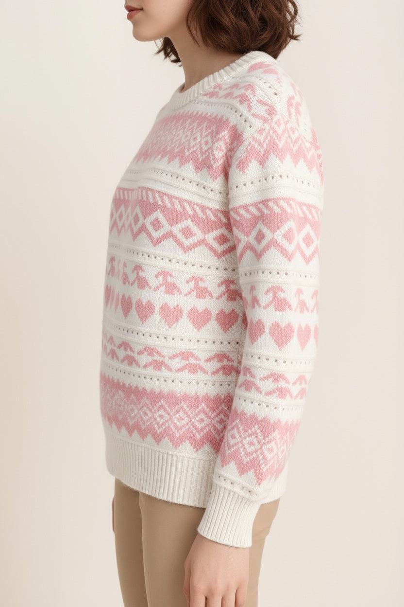 Women Fair Isle Printed Round Neck Pullover Sweater