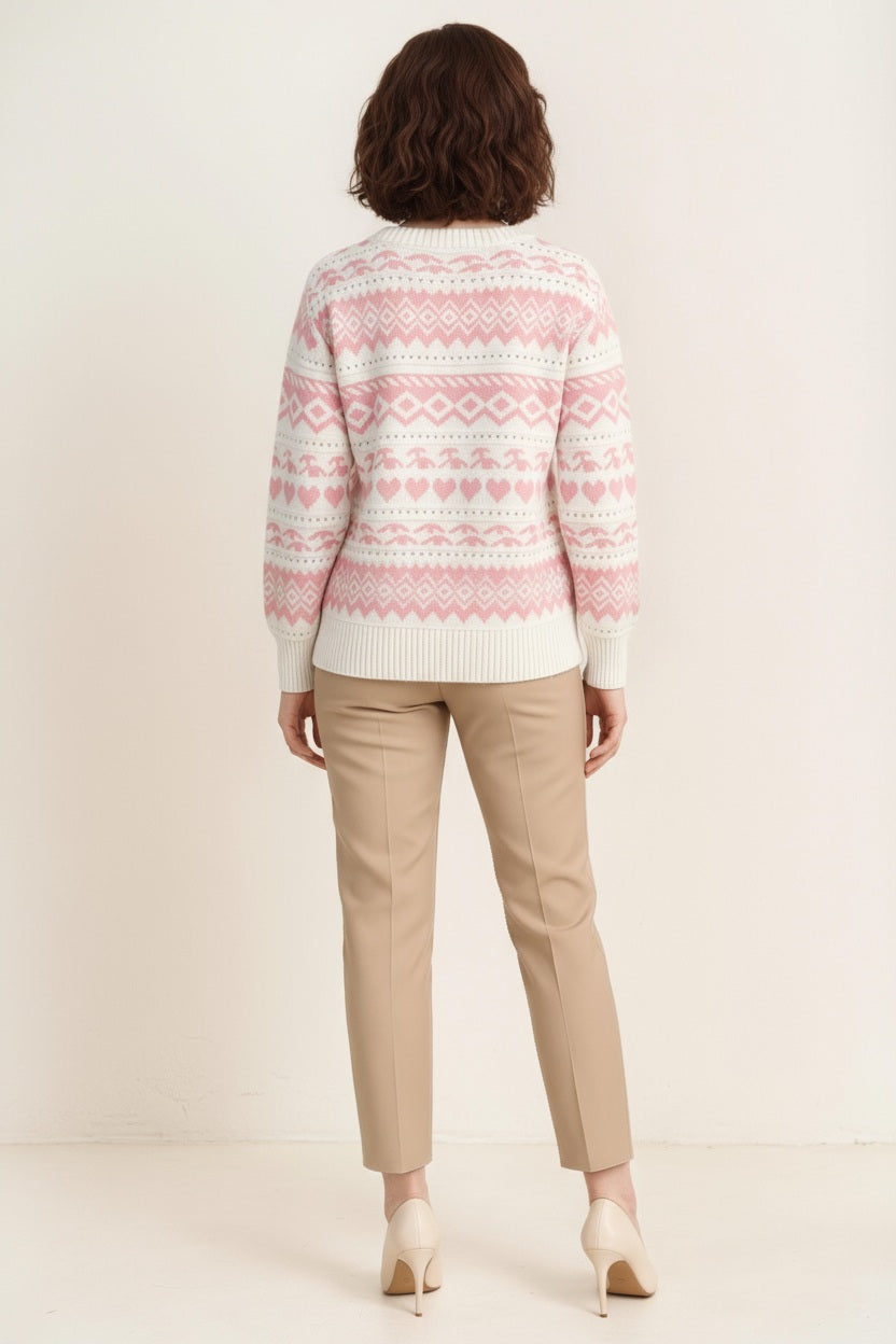 Women Fair Isle Printed Round Neck Pullover Sweater