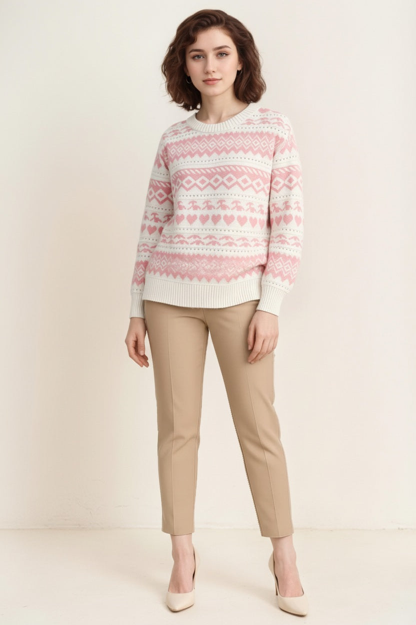 Women Fair Isle Printed Round Neck Pullover Sweater