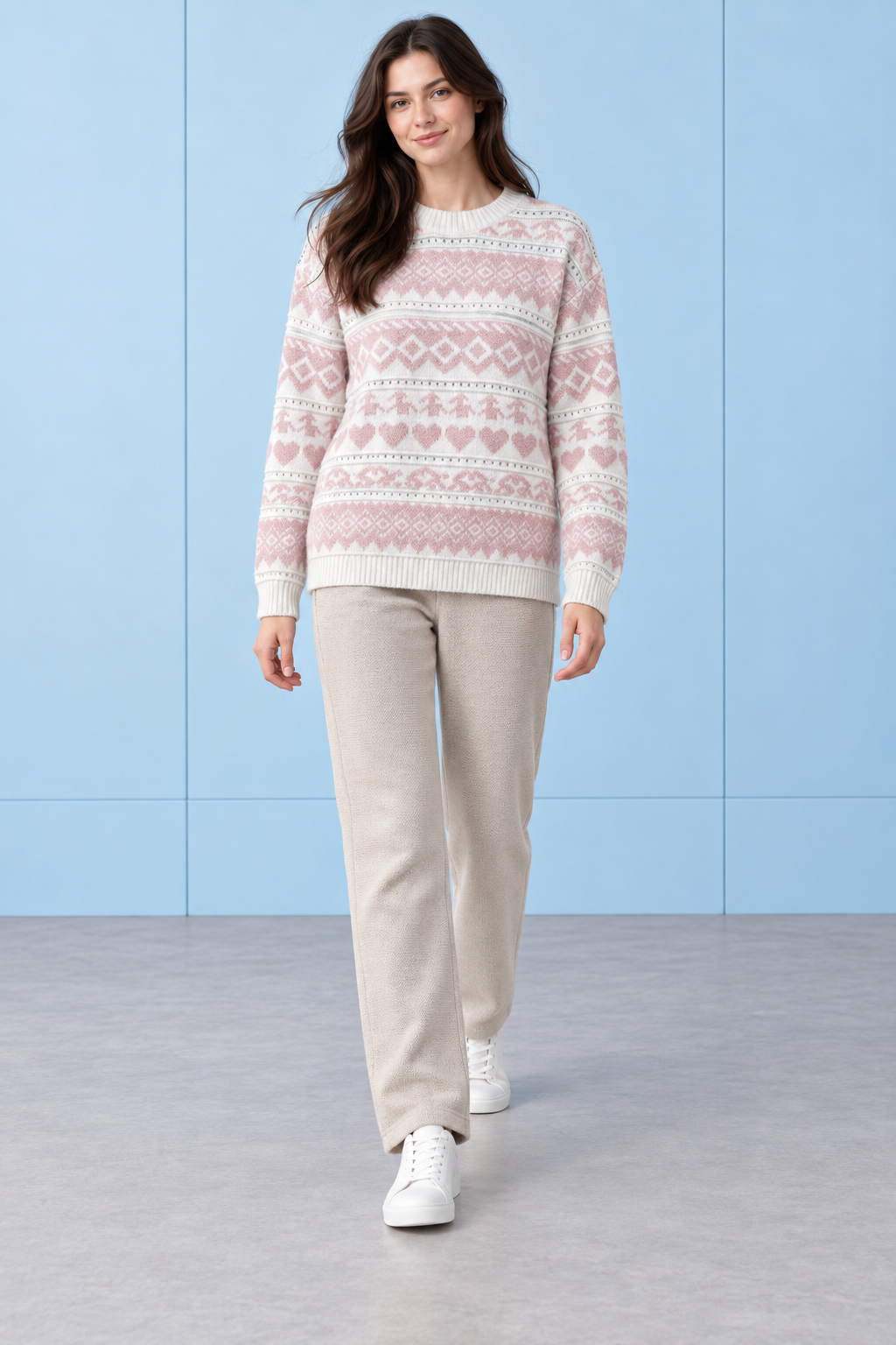 Women’s Pastel Pink Knitted Wool Fair Isle Sweater – Regular Fit Crew Neck