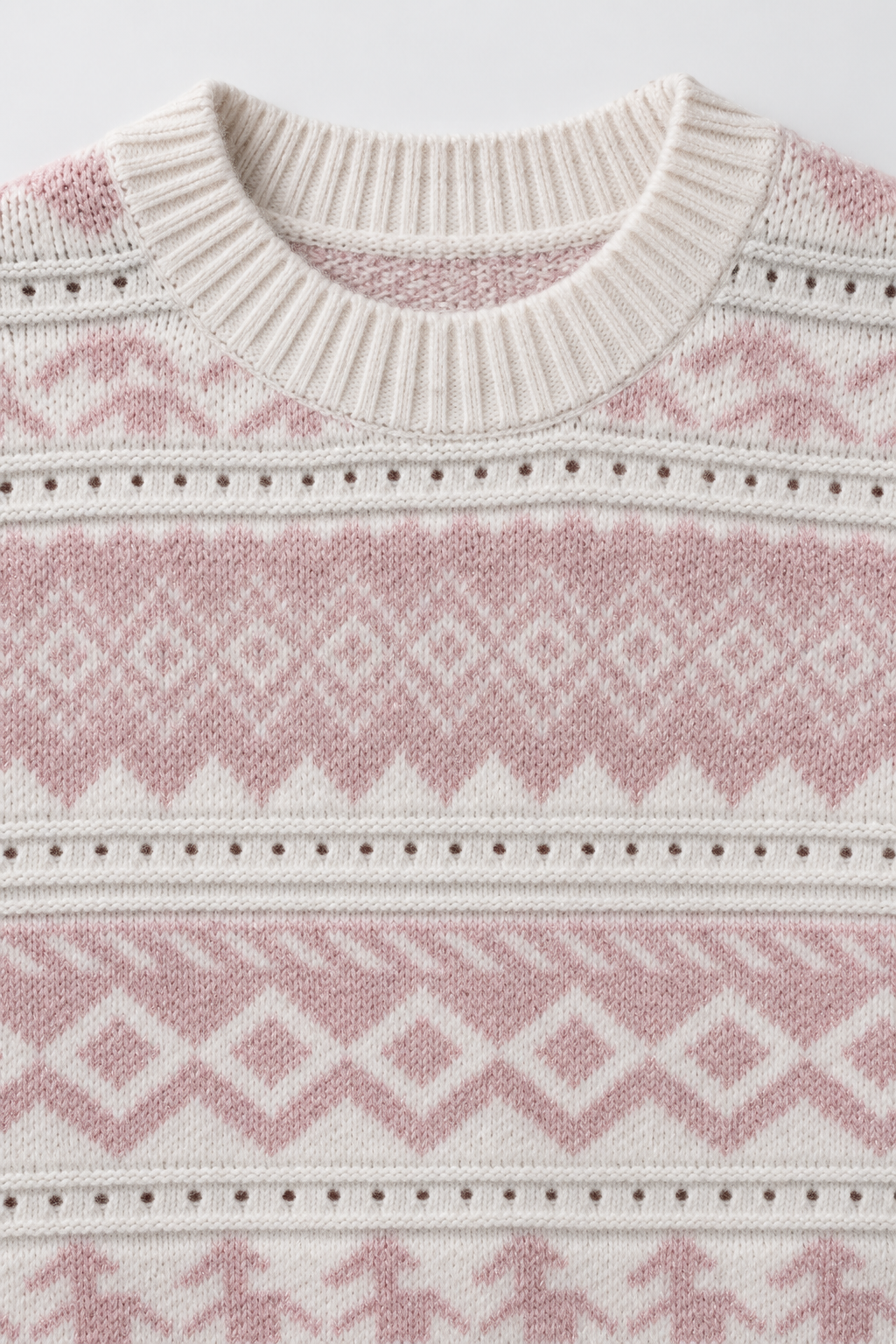 Women’s Pastel Pink Knitted Wool Fair Isle Sweater – Regular Fit Crew Neck