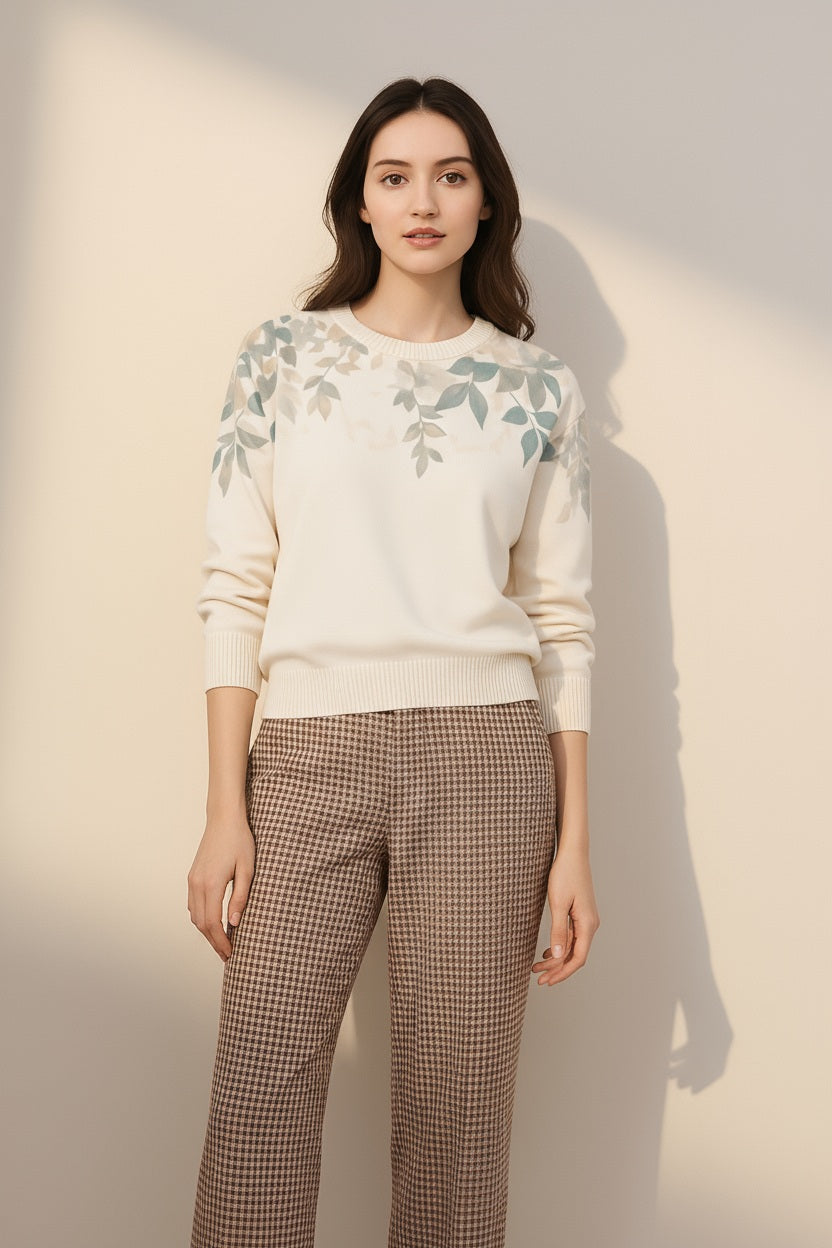 Women Floral Printed Round Neck Pullover Sweater