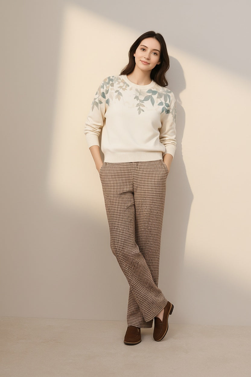 Women Floral Printed Round Neck Pullover Sweater