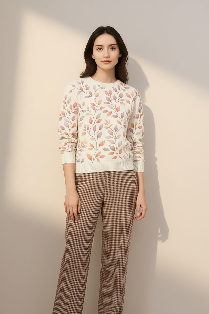 Women Floral Printed Round Neck Pullove Sweater