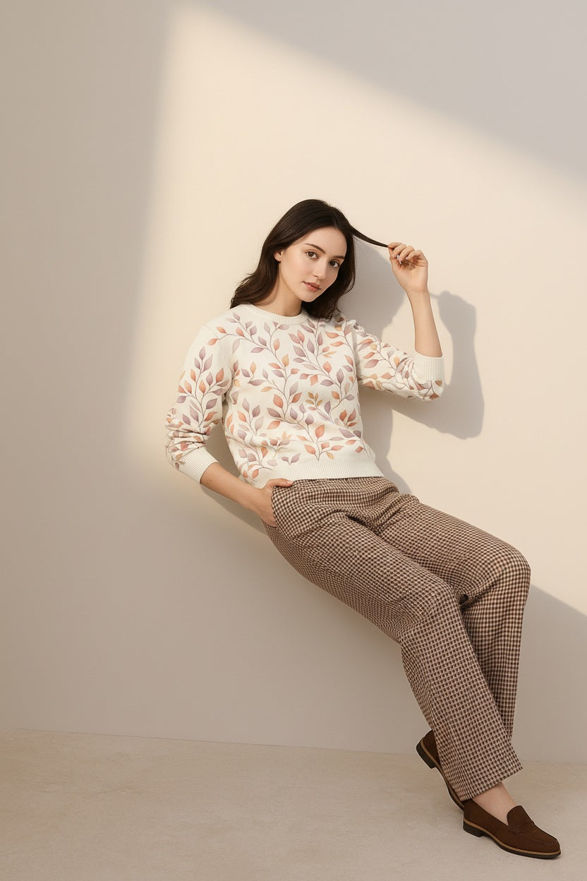 Women Floral Printed Round Neck Pullove Sweater