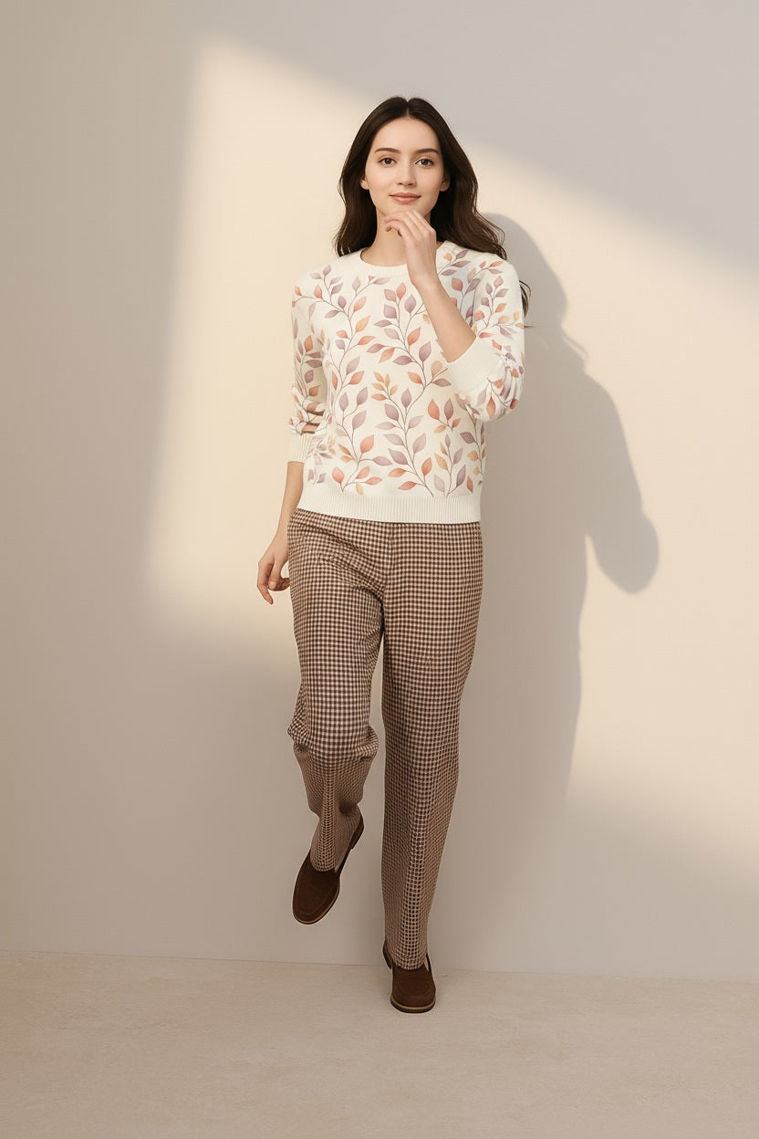 Women Floral Printed Round Neck Pullove Sweater