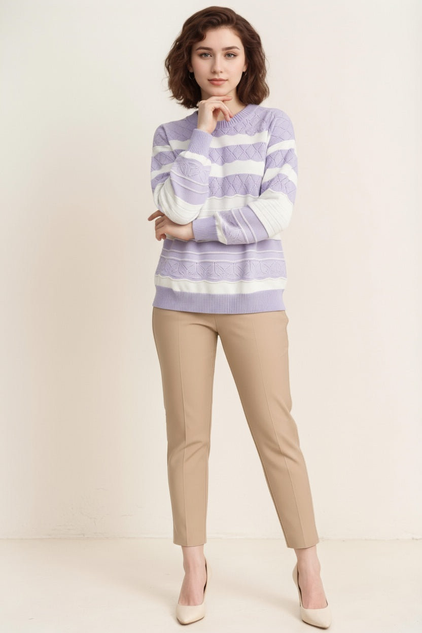 Women Striped Round Neck Pullover Sweater